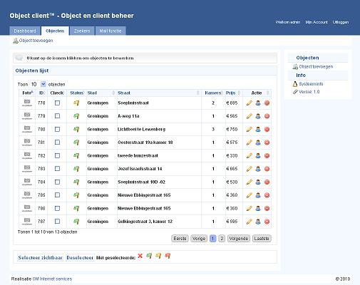 Objecten (woningen) overzicht van CRM