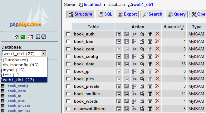 PHPmyadmin mysql database manager tool