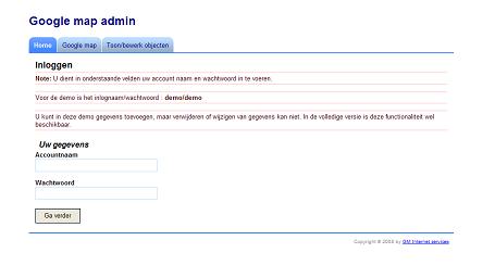 Het inlogscherm voor de Google map admin module