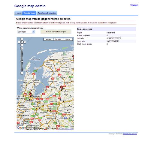 De gegenereerde kaart voor de Google map admin module