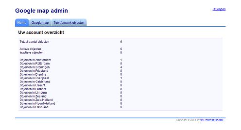 Het status overzicht scherm voor de Google map admin module