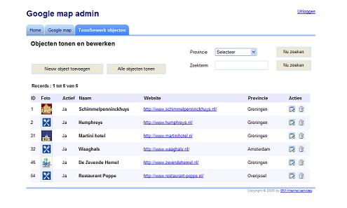 Alle ingevoerde objecten voor de Google map admin module